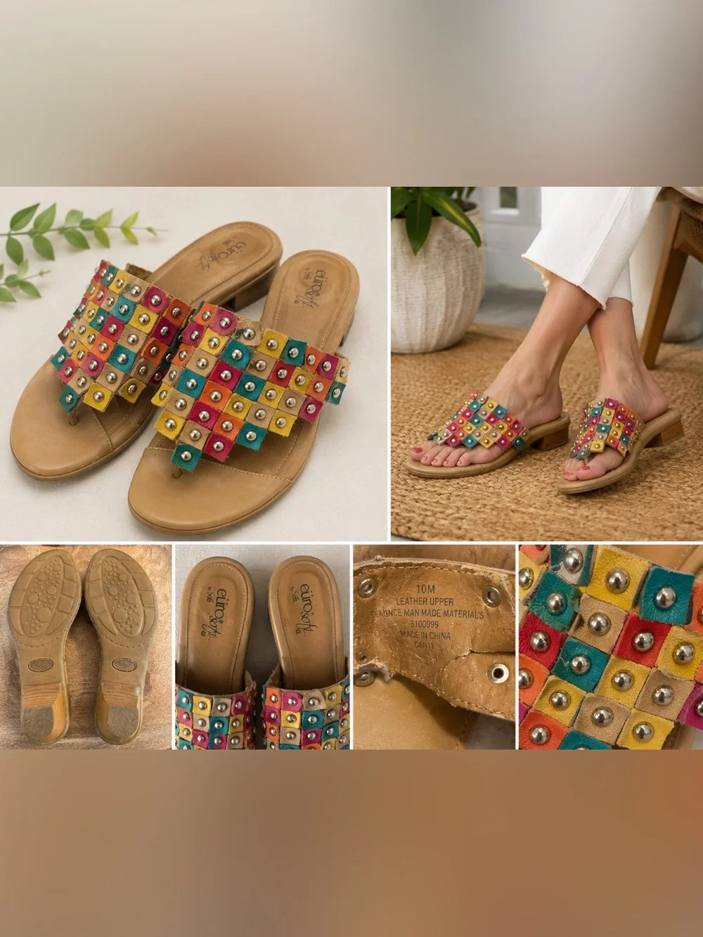 Eurosoft by Sofft Leather Multicolor Studded Slide Sandals Size 10M